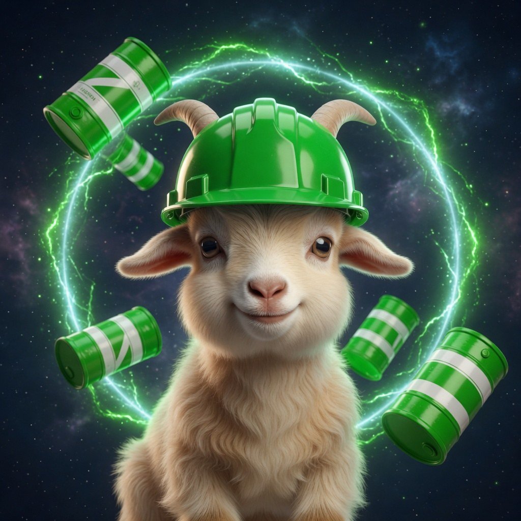 Cream goat in a green hardhat with two horns, sitting inside a glowing green energy ring.
