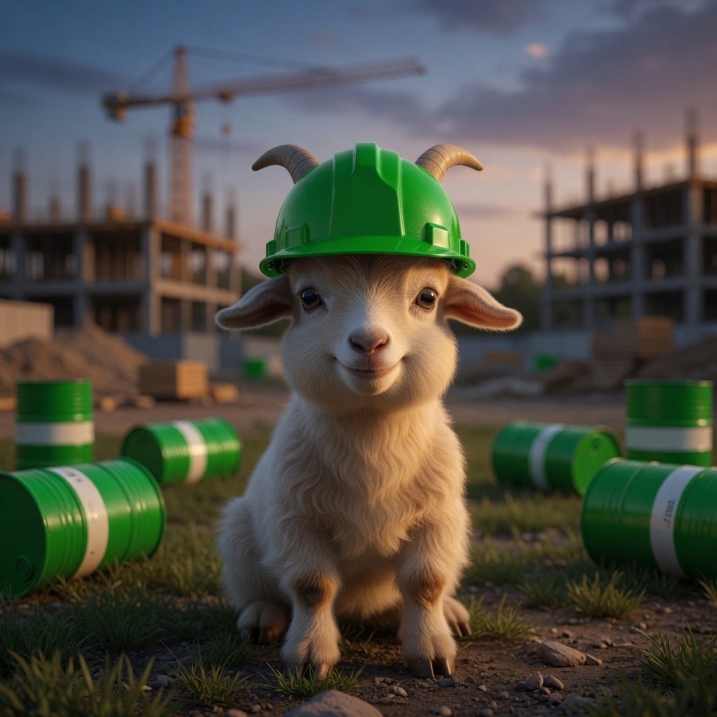 The goat on a dusk construction site among green barrels.